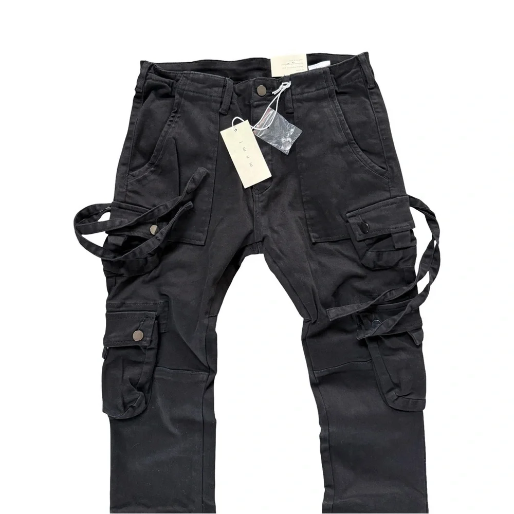 MNML Men's Button Fly Cargo Straight Black Denim Jeans NWT Size 31